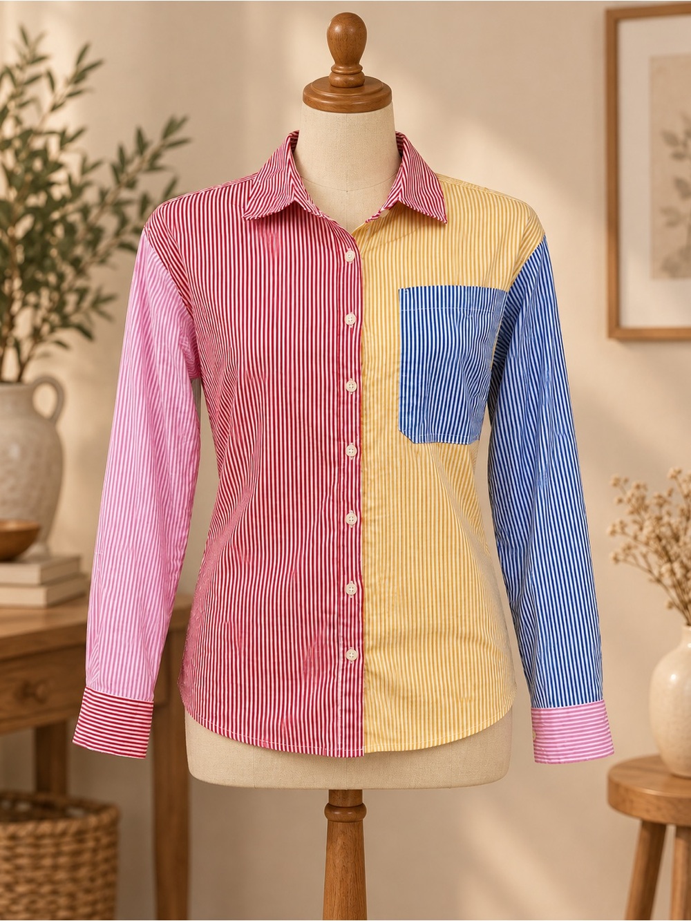 Striped Colorblock Button-Down Shirt in Pink, Yellow & Blue